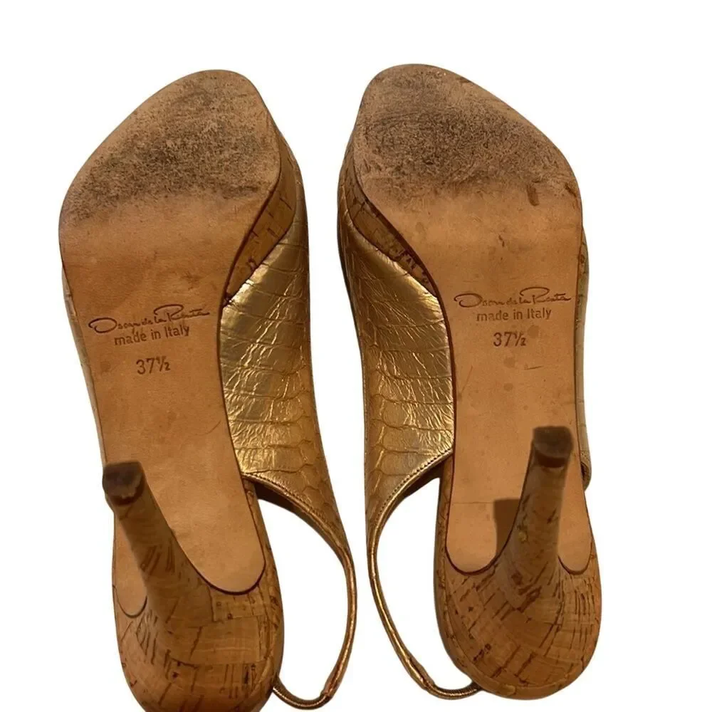 OSCAR DE LA RENTA Women’s Peep Toe Leather Slingback Pumps/Heels Gold Size 37.5